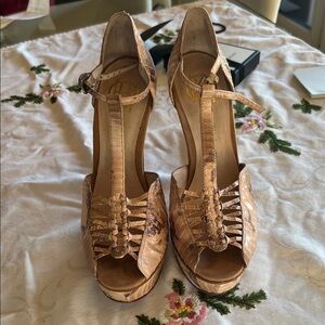 House of Harlow 1960 snake-embossed platform peep-toe heels